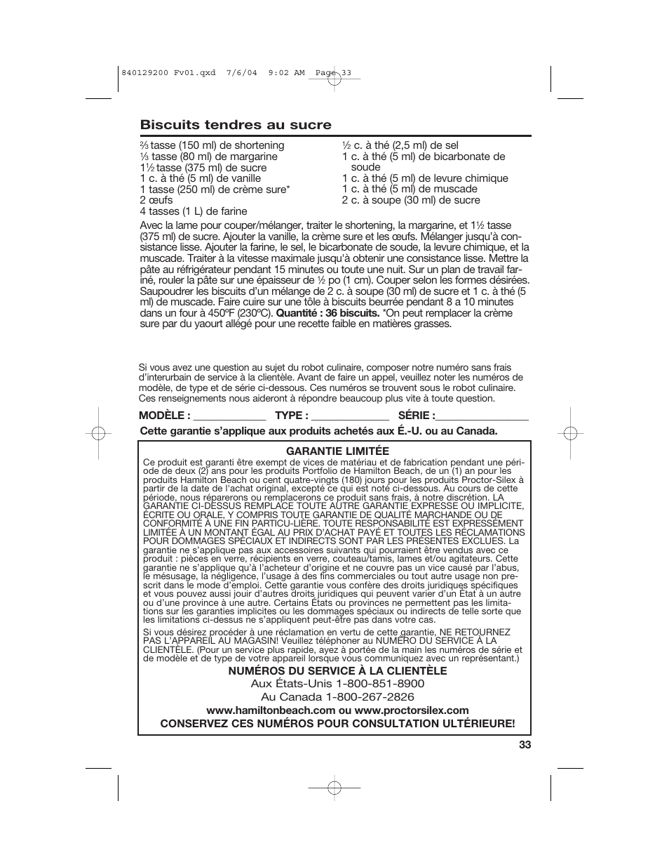 Service à la clientèle, Biscuits tendres au sucre | Hamilton Beach 70590C User Manual | Page 33 / 52