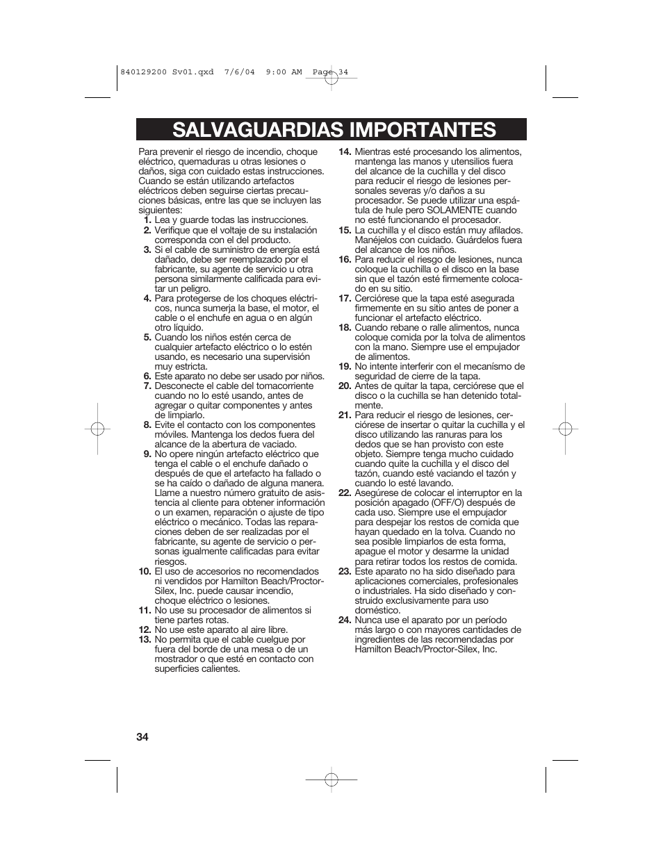 Salvaguardias importantes | Hamilton Beach 70590C User Manual | Page 34 / 52