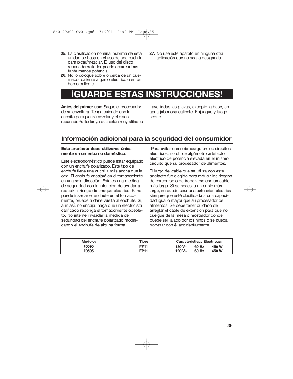 Guarde estas instrucciones | Hamilton Beach 70590C User Manual | Page 35 / 52