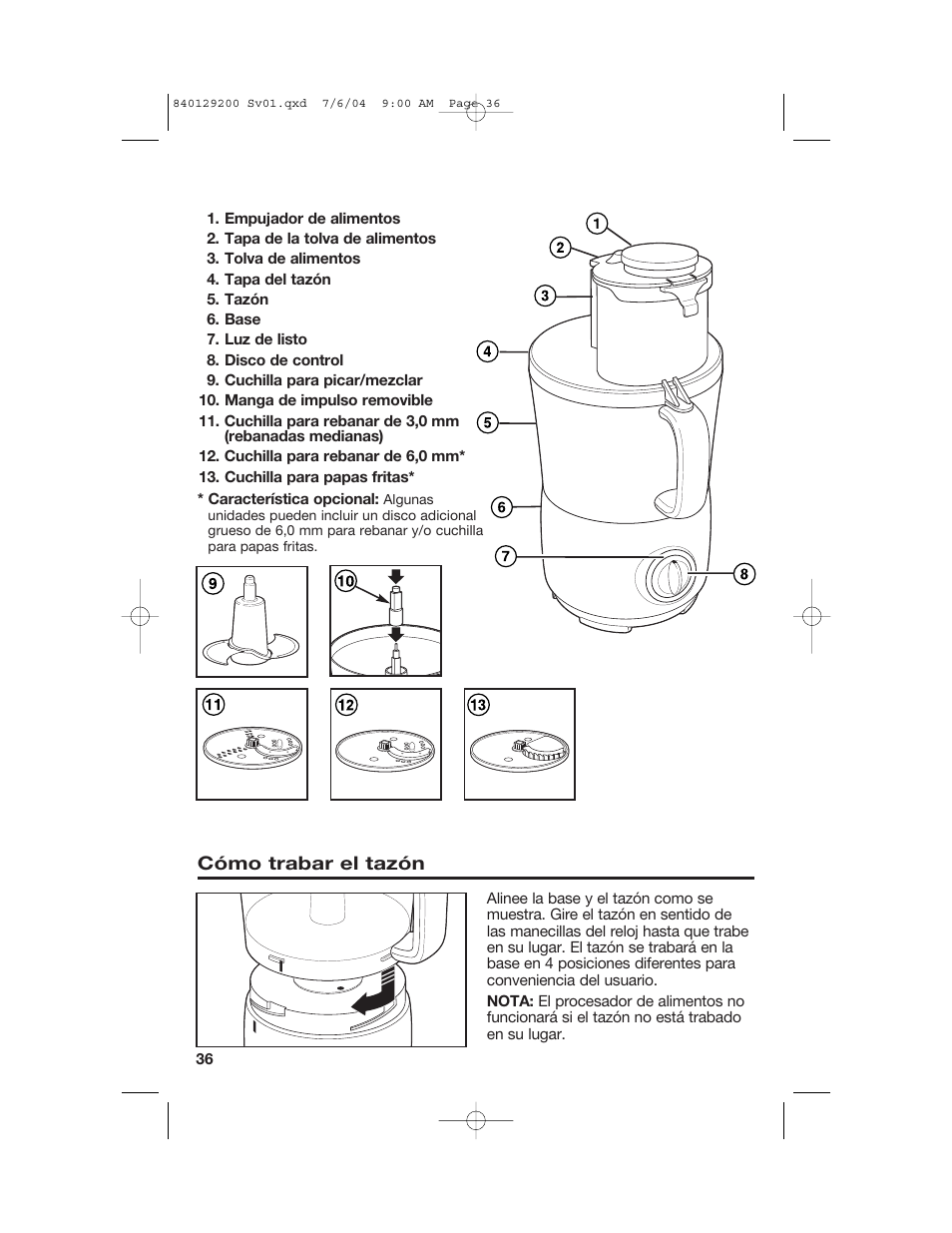 Piezas y características, Uso de su procesador de alimentos | Hamilton Beach 70590C User Manual | Page 36 / 52