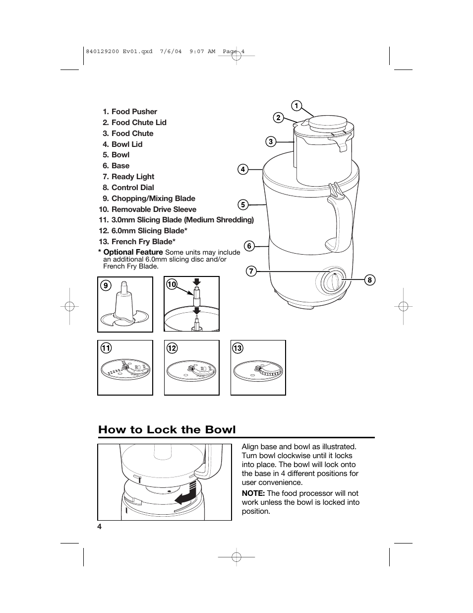 Parts and features using your food processor, How to lock the bowl | Hamilton Beach 70590C User Manual | Page 4 / 52