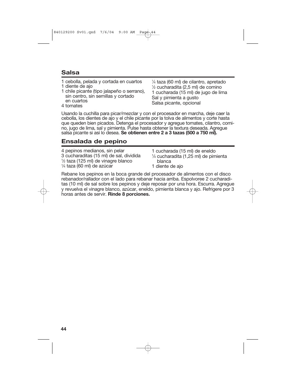 Recetas, Salsa, Ensalada de pepino | Hamilton Beach 70590C User Manual | Page 44 / 52