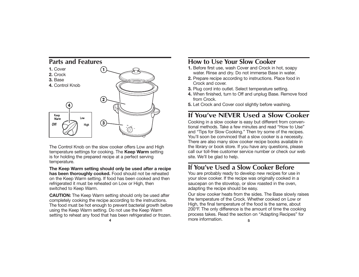 How to use your slow cooker, If you’ve used a slow cooker before, Parts and features | Hamilton Beach 840059300 User Manual | Page 3 / 9