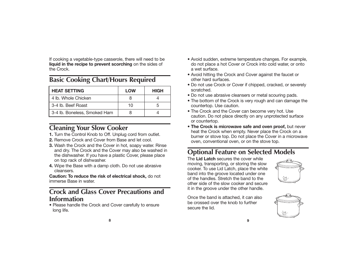 Cleaning your slow cooker, Crock and glass cover precautions and information, Optional feature on selected models | Basic cooking chart/hours required | Hamilton Beach 840059300 User Manual | Page 5 / 9