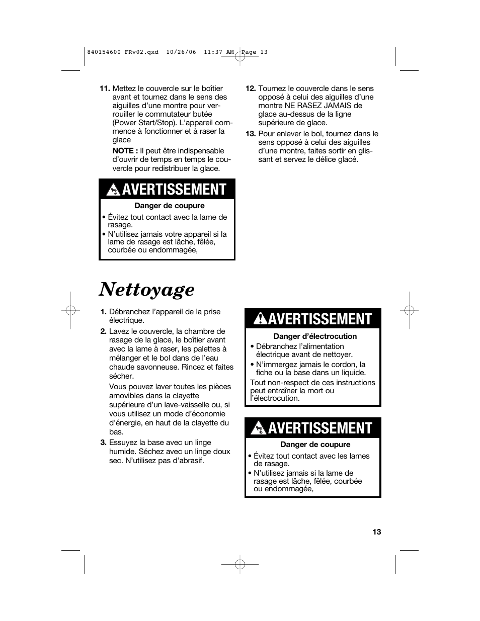 Nettoyage, Avertissement, W avertissement | Hamilton Beach 840154600 User Manual | Page 13 / 28