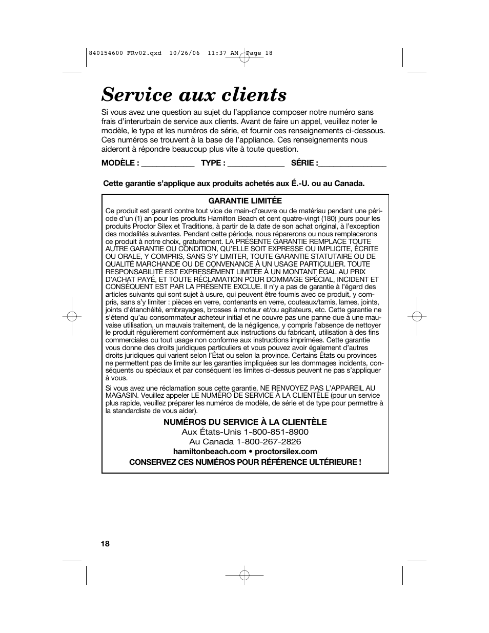 Service aux clients | Hamilton Beach 840154600 User Manual | Page 18 / 28