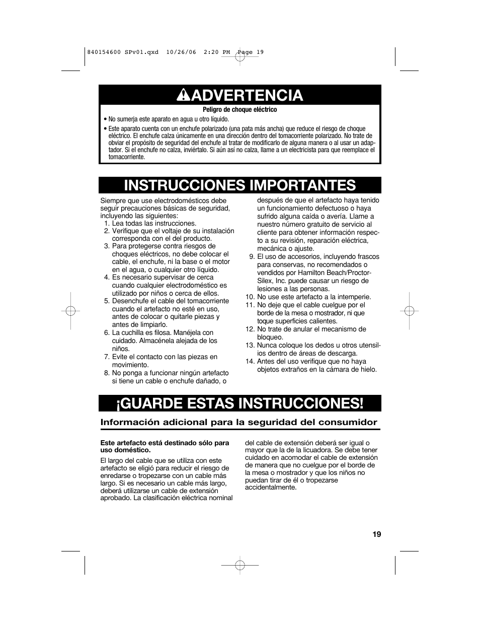 W advertencia | Hamilton Beach 840154600 User Manual | Page 19 / 28