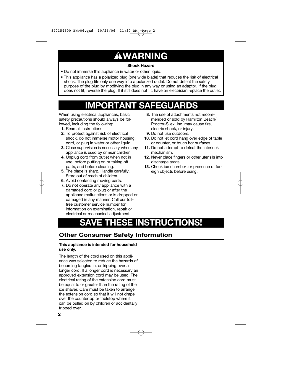 W warning, Important safeguards save these instructions | Hamilton Beach 840154600 User Manual | Page 2 / 28