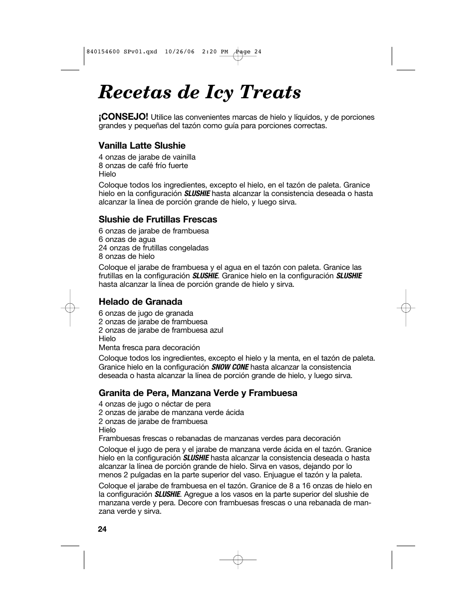 Recetas de icy treats | Hamilton Beach 840154600 User Manual | Page 24 / 28