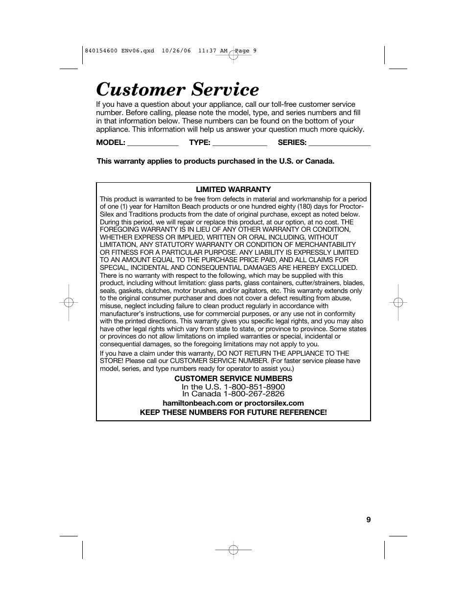 Customer service | Hamilton Beach 840154600 User Manual | Page 9 / 28