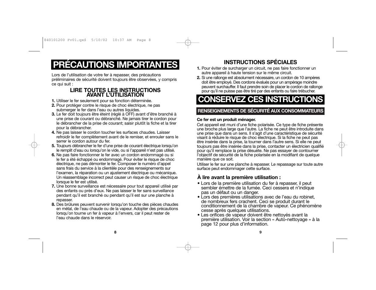 Précautions importantes, Conservez ces instructions | Hamilton Beach 840101200 User Manual | Page 5 / 11