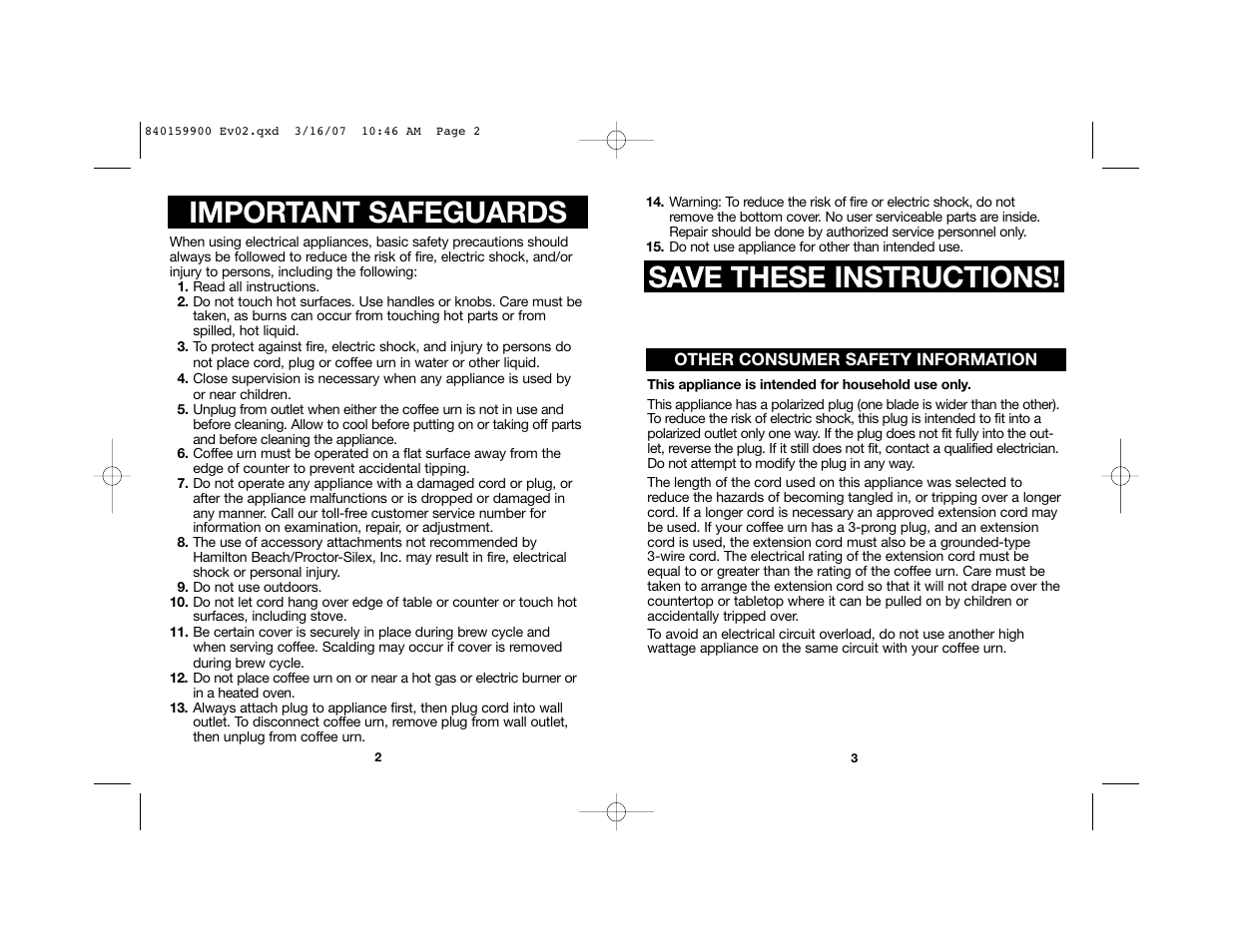 Important safeguards, Save these instructions | Hamilton Beach Coffee Urn User Manual | Page 2 / 12