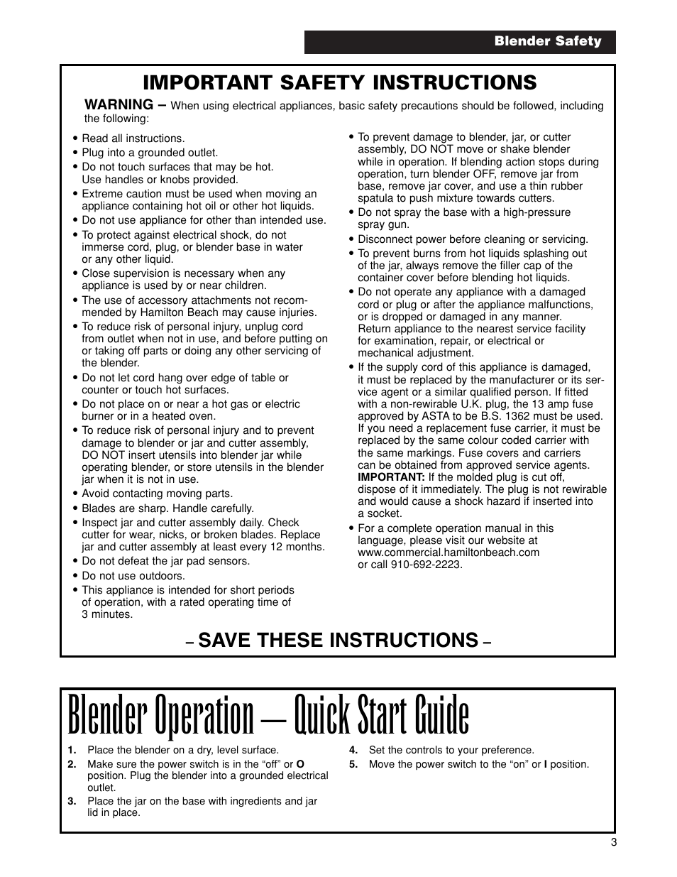 Blender operation – quick start guide, Save these instructions, Important safety instructions | Hamilton Beach 1G901 User Manual | Page 3 / 8