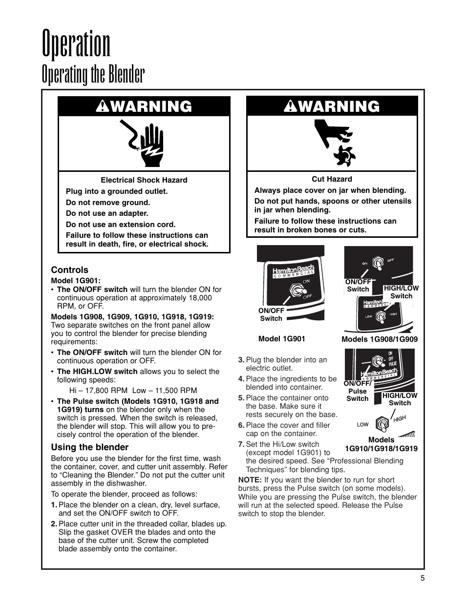 Operation, Operating the blender, Wwarning | Hamilton Beach 1G901 User Manual | Page 5 / 8