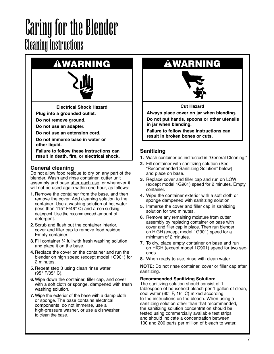 Caring for the blender, Cleaning instructions, Wwarning | Hamilton Beach 1G901 User Manual | Page 7 / 8