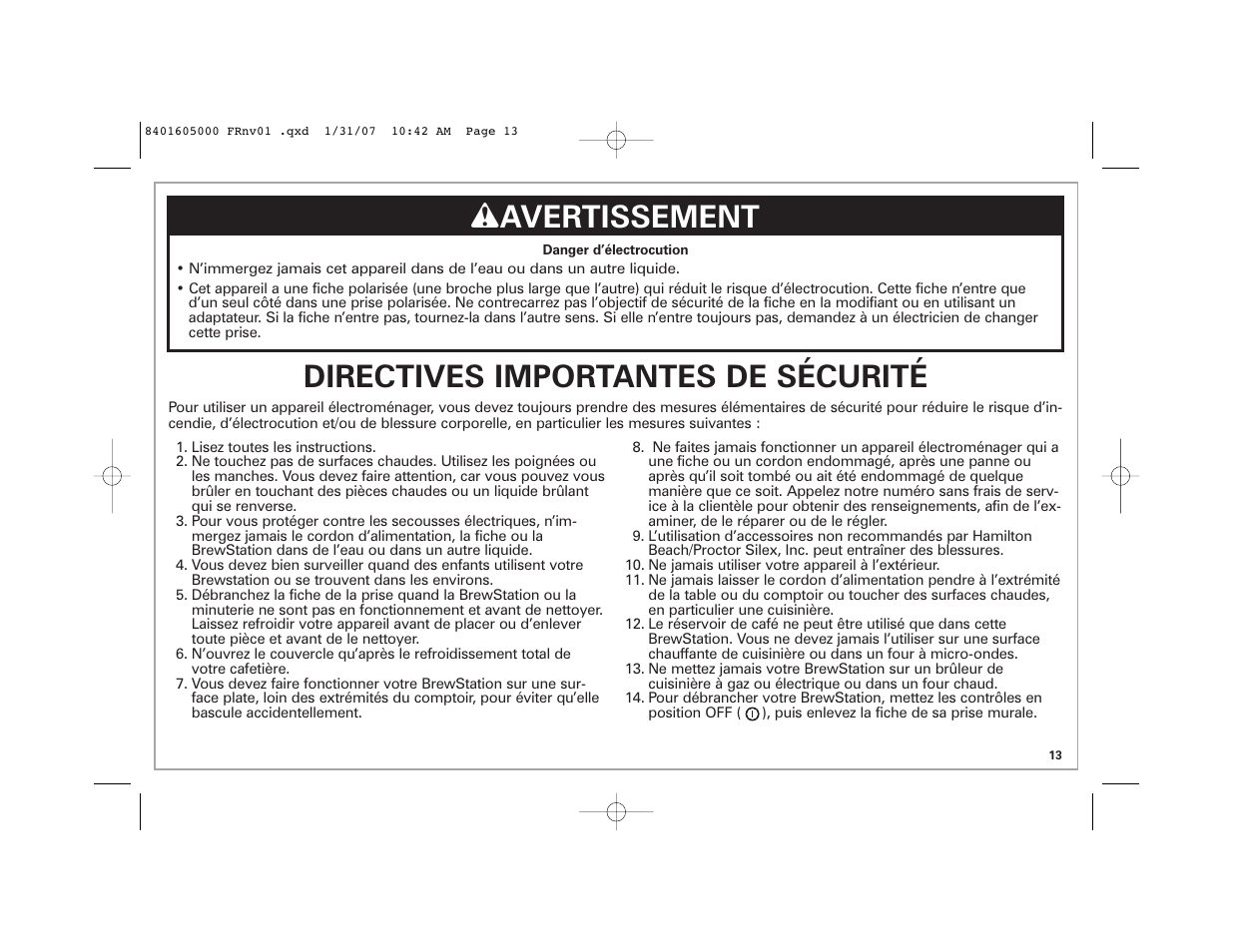 W avertissement, Directives importantes de sécurité | Hamilton Beach BrewStation Deluxe 47454C User Manual | Page 13 / 40