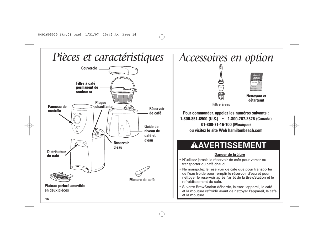 Pièces et caractéristiques, Accessoires en option, W avertissement | Hamilton Beach BrewStation Deluxe 47454C User Manual | Page 16 / 40