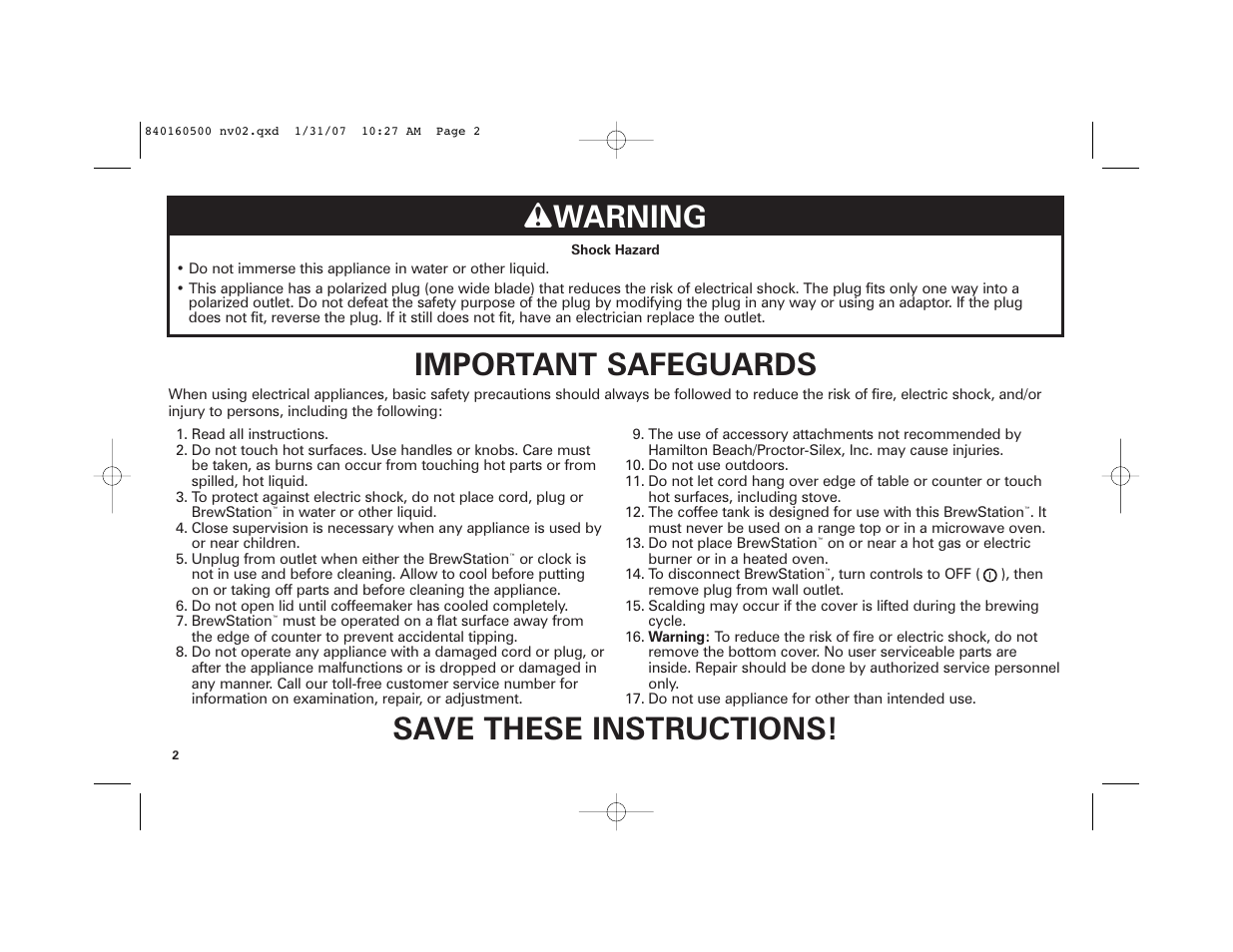 W warning, Important safeguards, Save these instructions | Hamilton Beach BrewStation Deluxe 47454C User Manual | Page 2 / 40