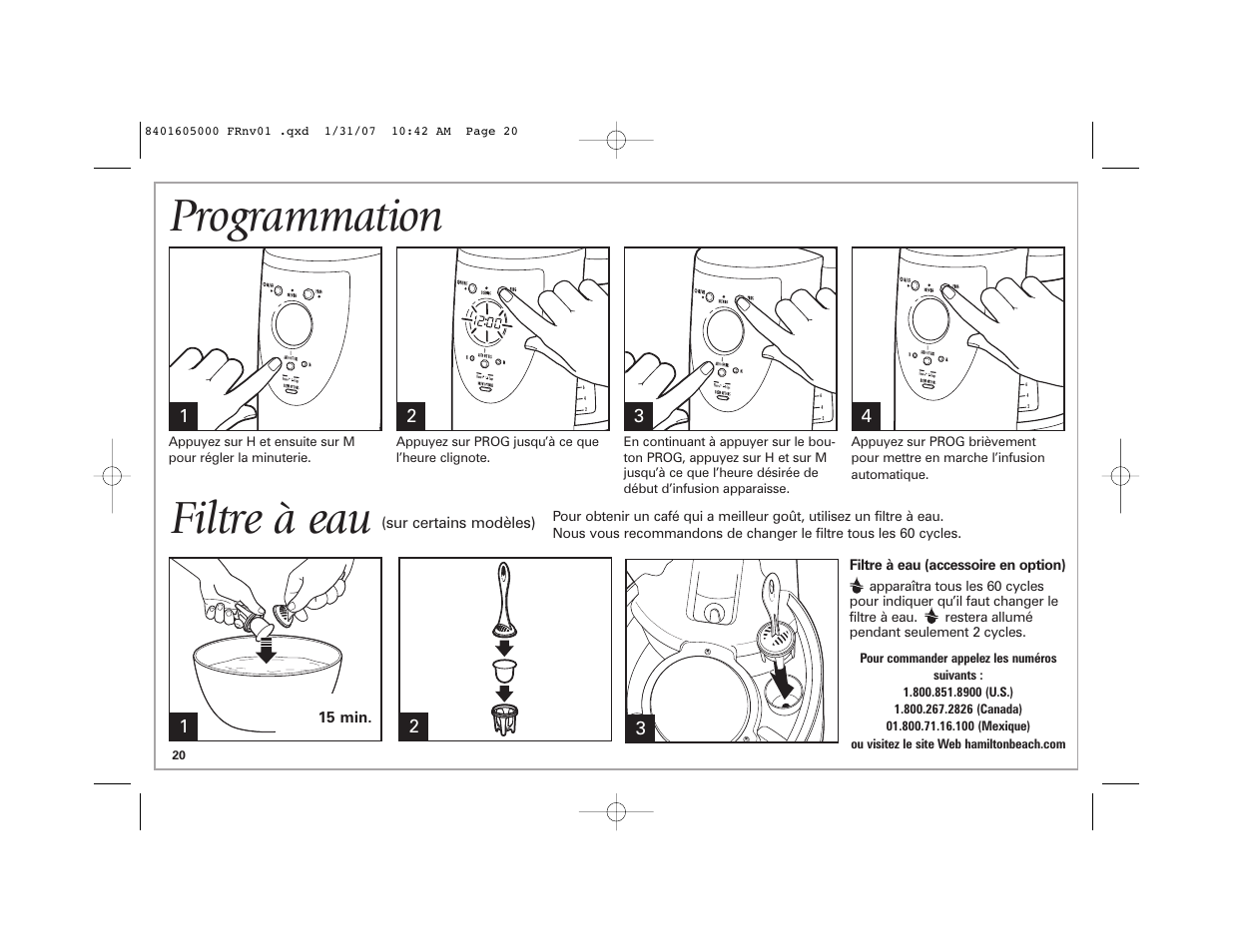 Programmation, Filtre à eau | Hamilton Beach BrewStation Deluxe 47454C User Manual | Page 20 / 40