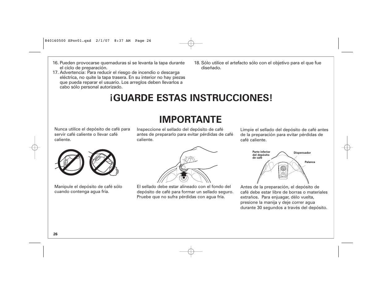 Guarde estas instrucciones, Importante | Hamilton Beach BrewStation Deluxe 47454C User Manual | Page 26 / 40