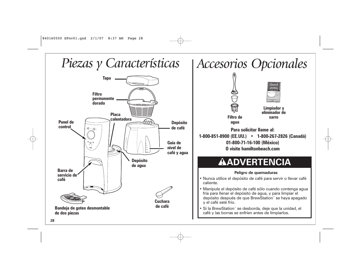 Piezas y características, Accesorios opcionales, W advertencia | Hamilton Beach BrewStation Deluxe 47454C User Manual | Page 28 / 40