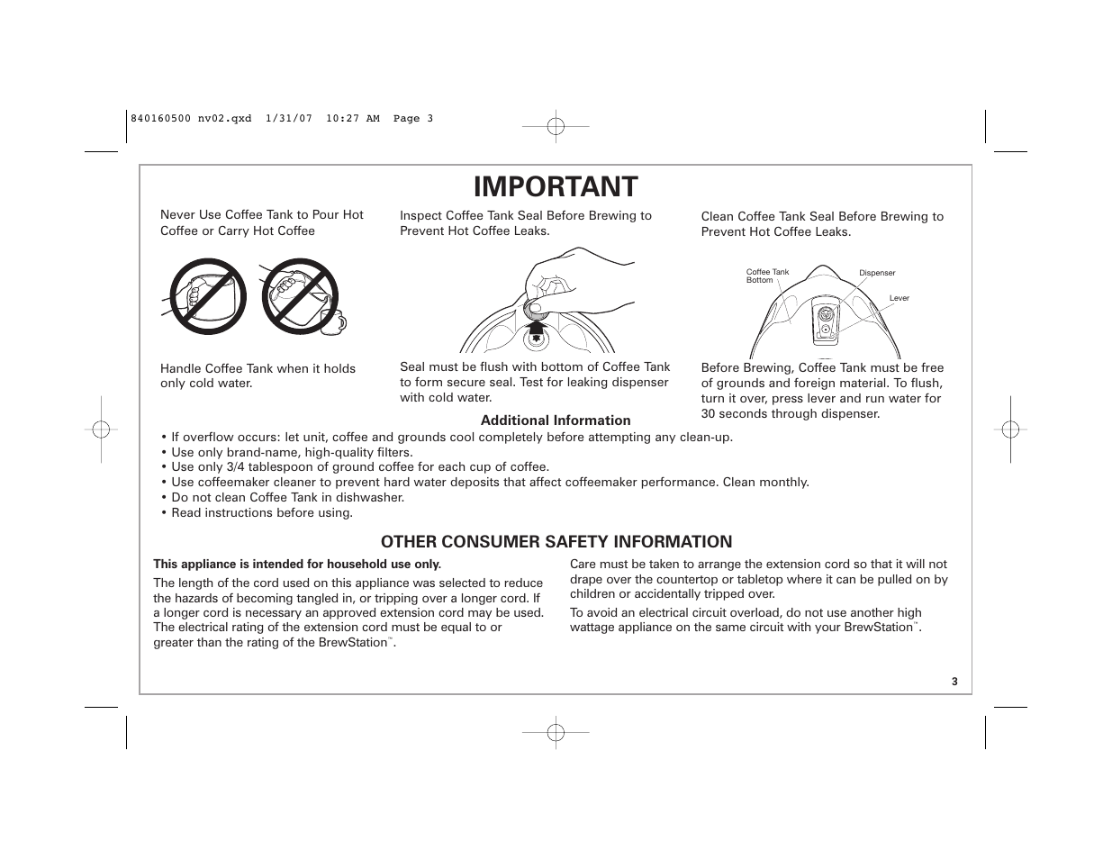 Important, Other consumer safety information | Hamilton Beach BrewStation Deluxe 47454C User Manual | Page 3 / 40