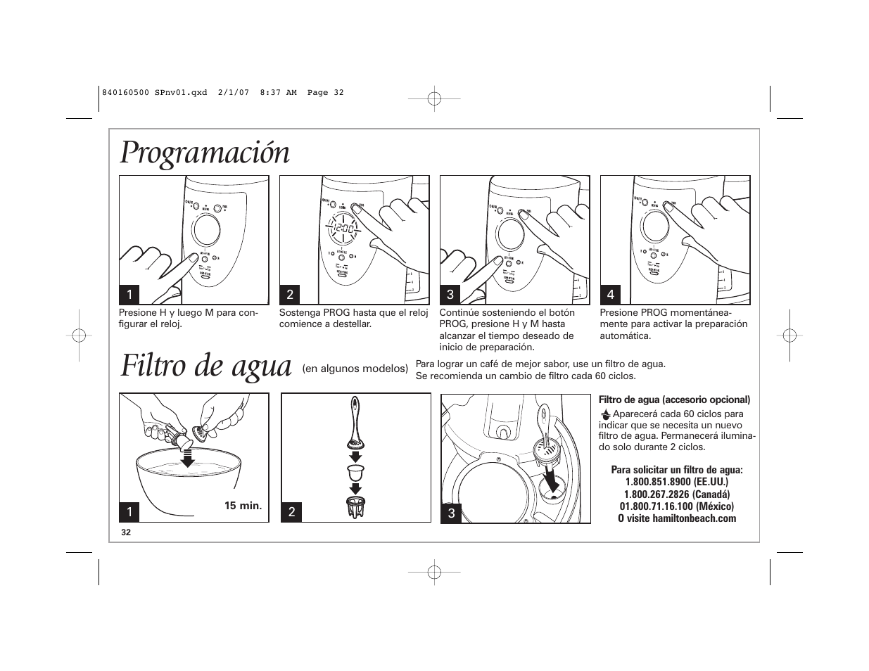 Programación, Filtro de agua | Hamilton Beach BrewStation Deluxe 47454C User Manual | Page 32 / 40