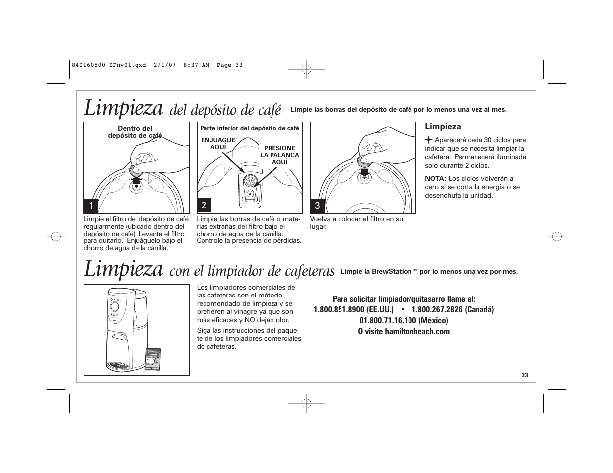 Limpieza, Del depósito de café, Con el limpiador de cafeteras | Hamilton Beach BrewStation Deluxe 47454C User Manual | Page 33 / 40