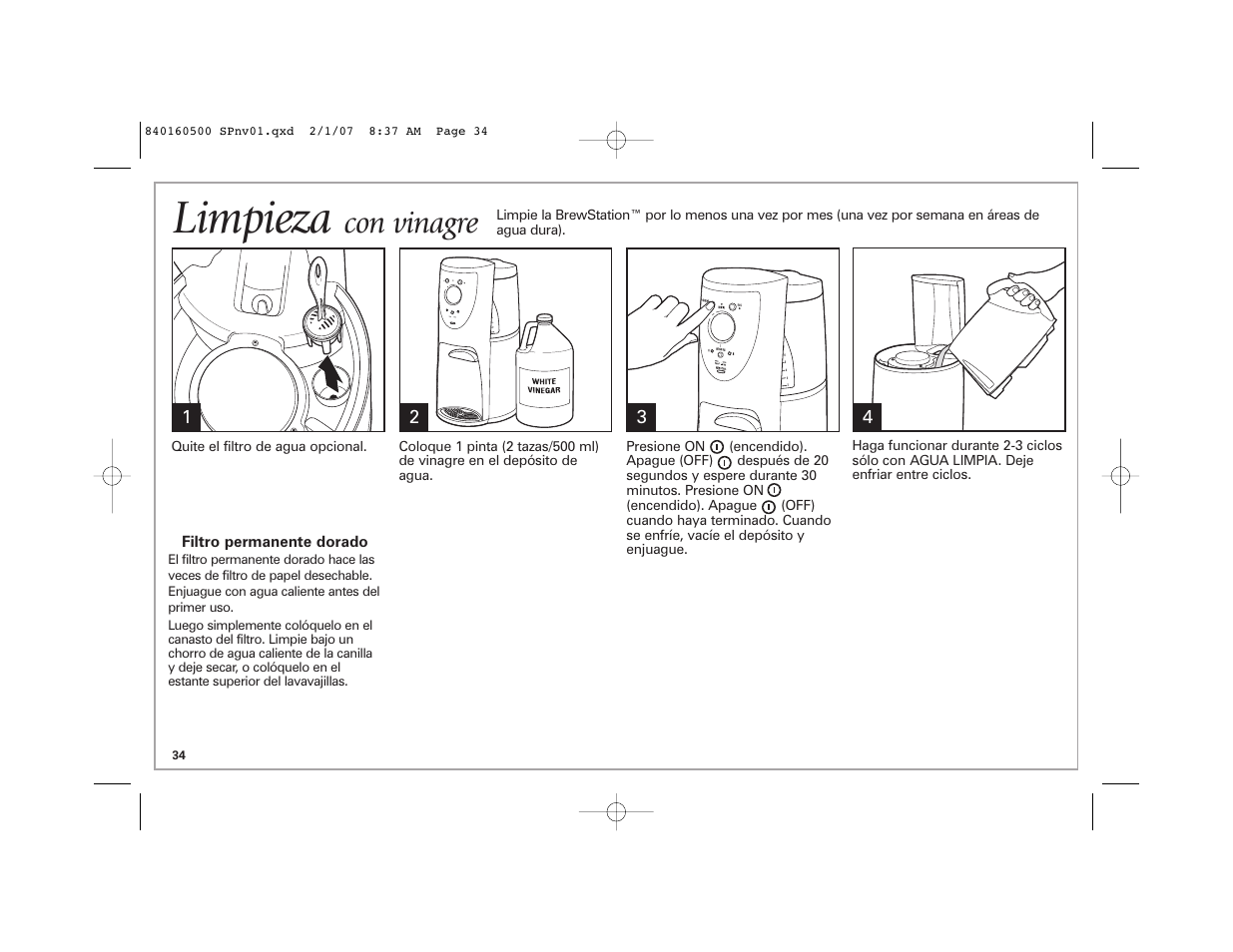 Limpieza, Con vinagre | Hamilton Beach BrewStation Deluxe 47454C User Manual | Page 34 / 40