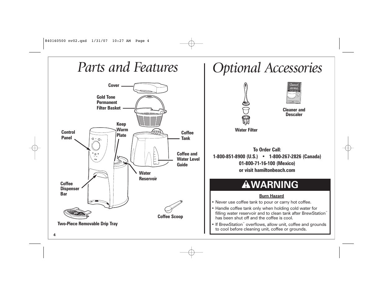 Parts and features, Optional accessories, W warning | Hamilton Beach BrewStation Deluxe 47454C User Manual | Page 4 / 40