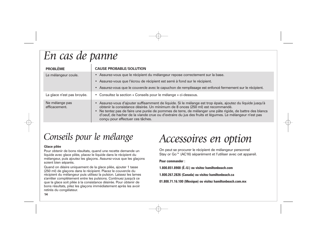 En cas de panne, Accessoires en option, Conseils pour le mélange | Hamilton Beach Space-Saving Blender User Manual | Page 14 / 24