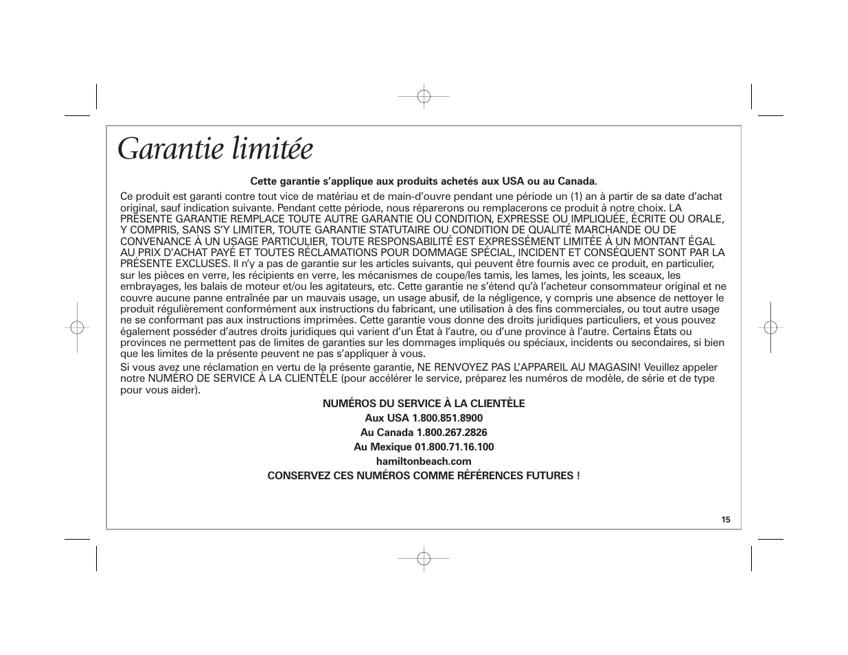 Garantie limitée | Hamilton Beach Space-Saving Blender User Manual | Page 15 / 24