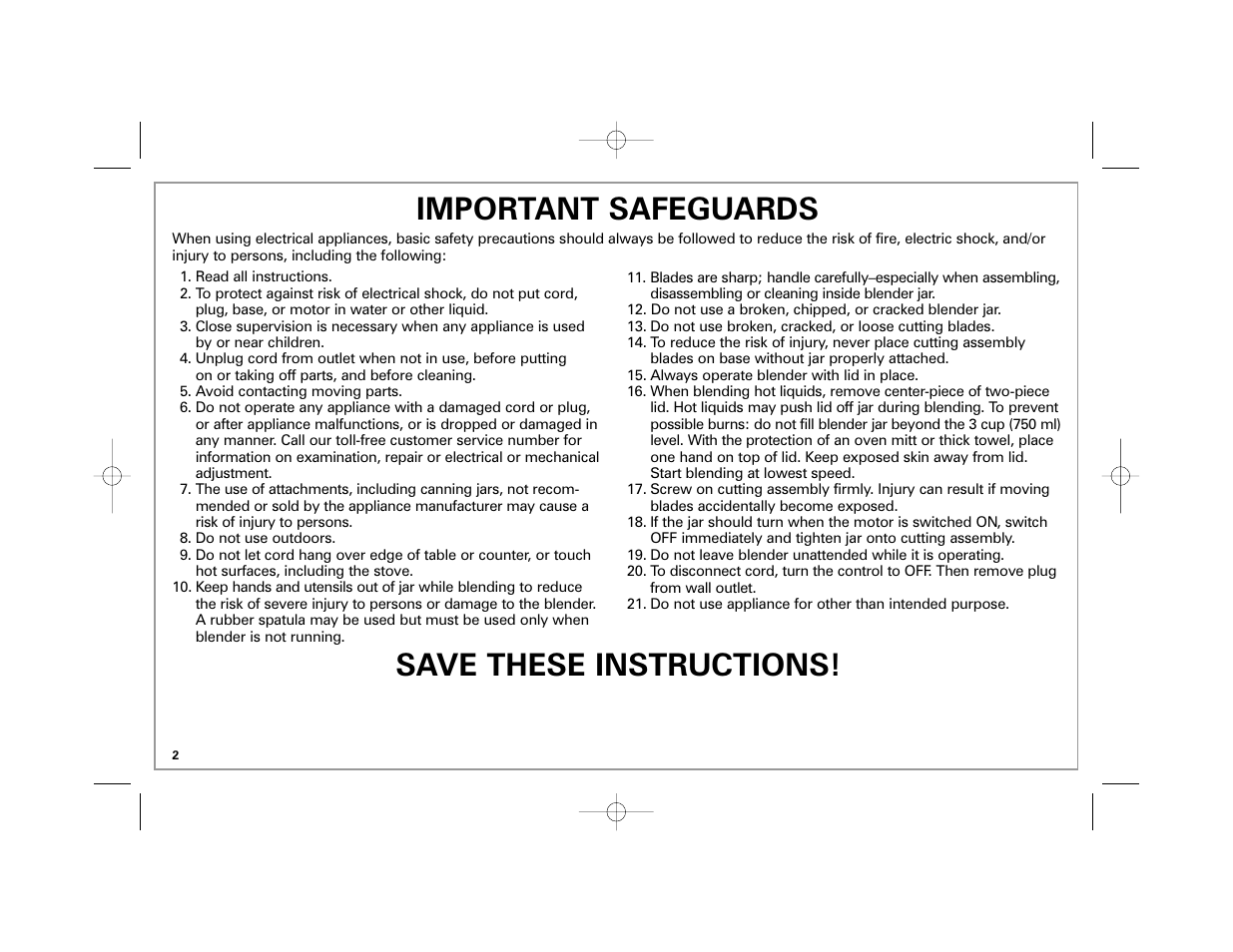 Save these instructions! important safeguards | Hamilton Beach Space-Saving Blender User Manual | Page 2 / 24