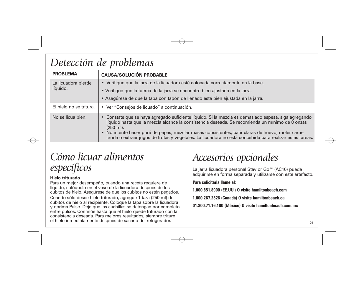 Cómo licuar alimentos específicos, Accesorios opcionales, Detección de problemas | Hamilton Beach Space-Saving Blender User Manual | Page 21 / 24