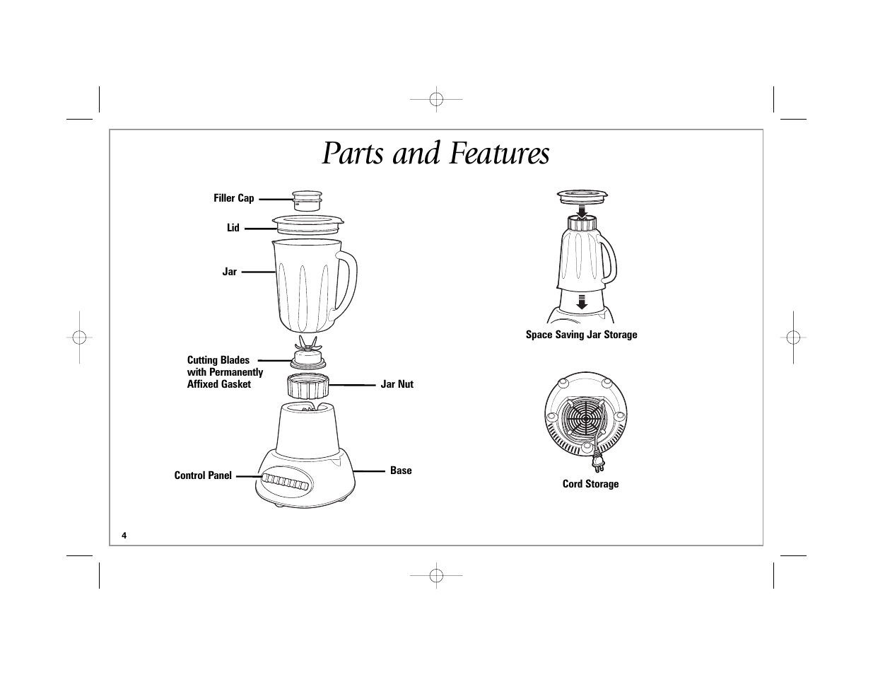 Parts and features | Hamilton Beach Space-Saving Blender User Manual | Page 4 / 24