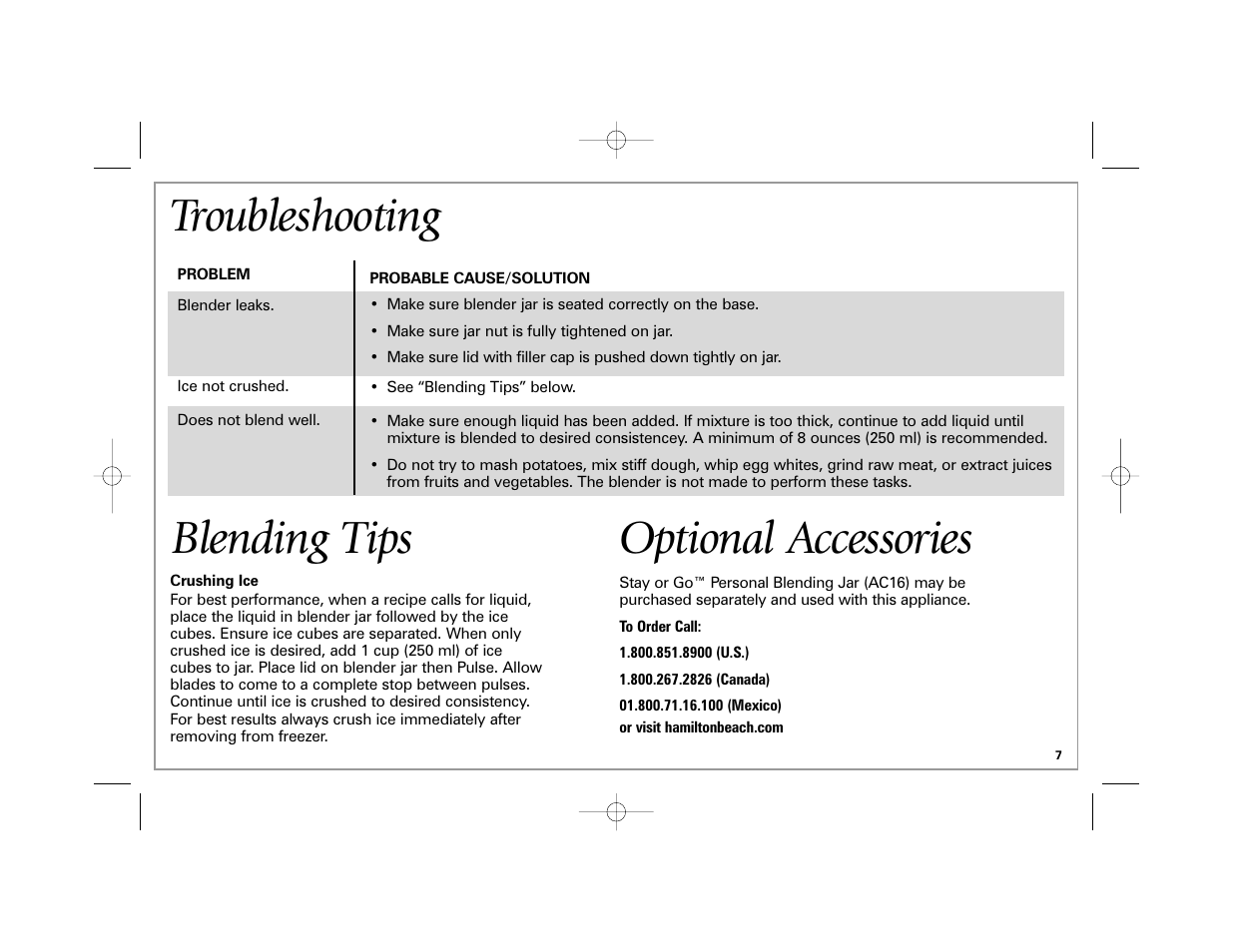 Troubleshooting, Optional accessories, Blending tips | Hamilton Beach Space-Saving Blender User Manual | Page 7 / 24