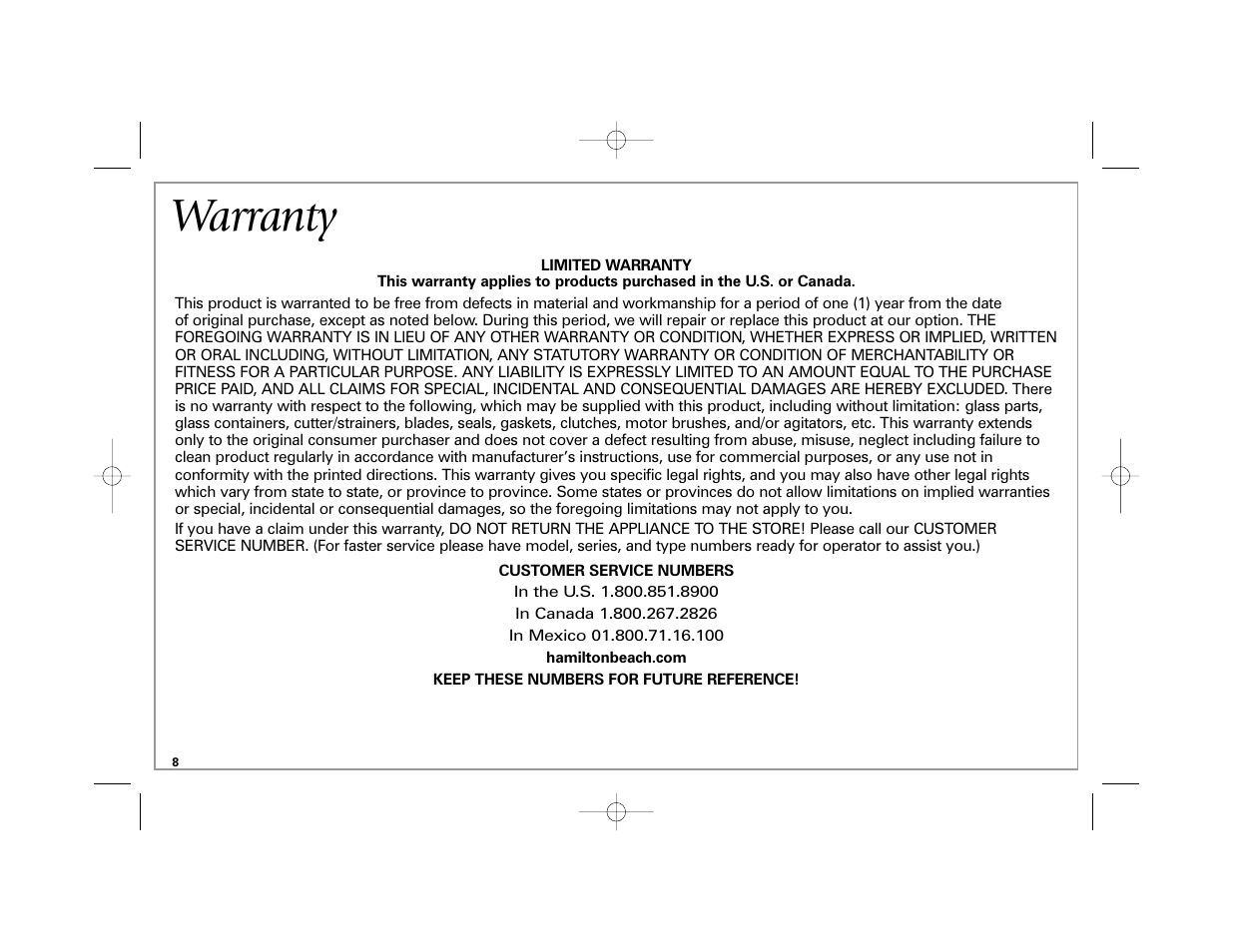 Warranty | Hamilton Beach Space-Saving Blender User Manual | Page 8 / 24