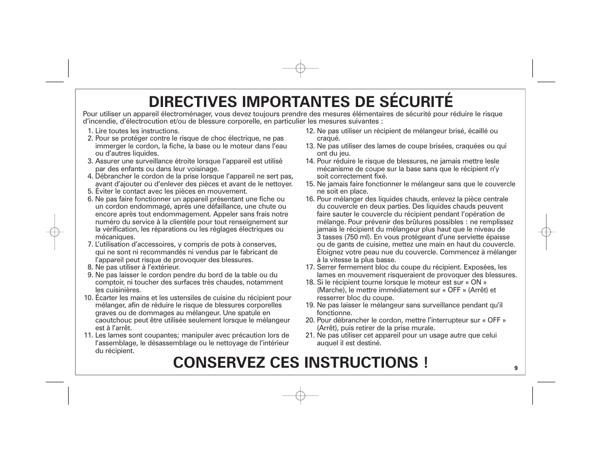 Directives importantes de sécurité, Conservez ces instructions | Hamilton Beach Space-Saving Blender User Manual | Page 9 / 24