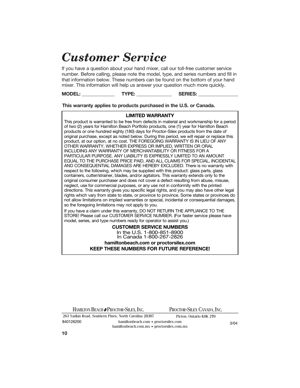 Customer service | Hamilton Beach 840126200 User Manual | Page 10 / 10