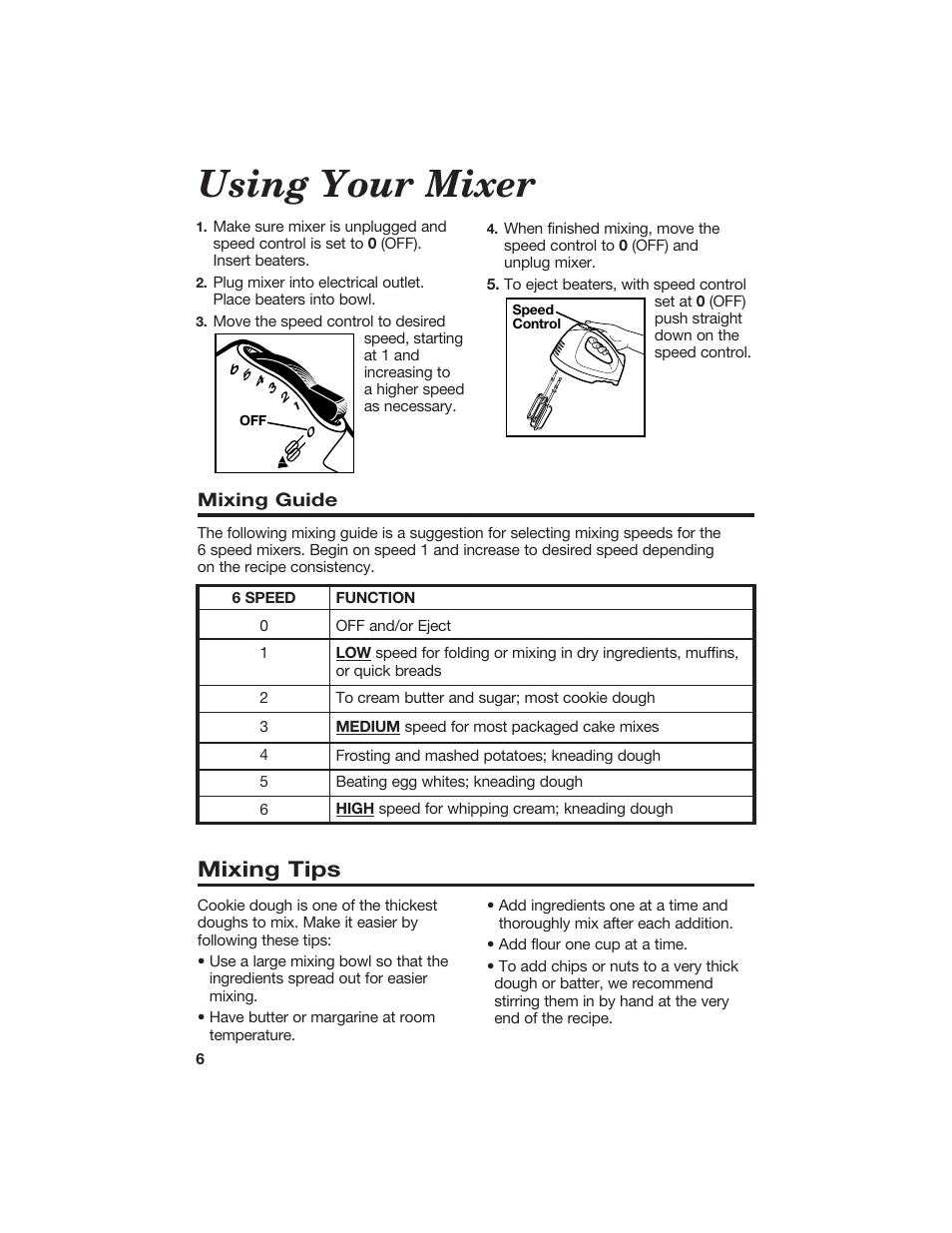 Using your mixer, Mixing tips | Hamilton Beach 840126200 User Manual | Page 6 / 10