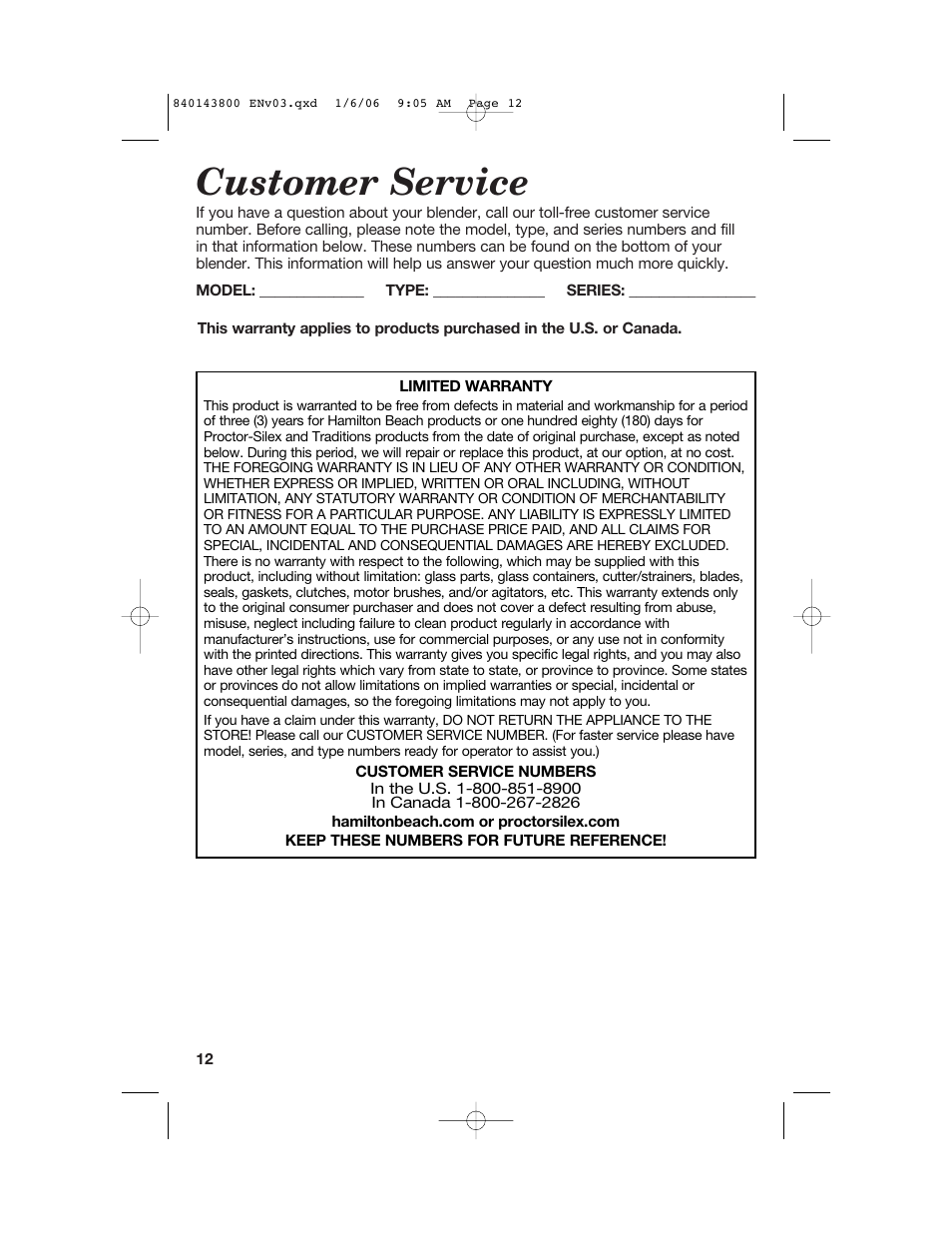 Customer service | Hamilton Beach 840143800 User Manual | Page 12 / 36