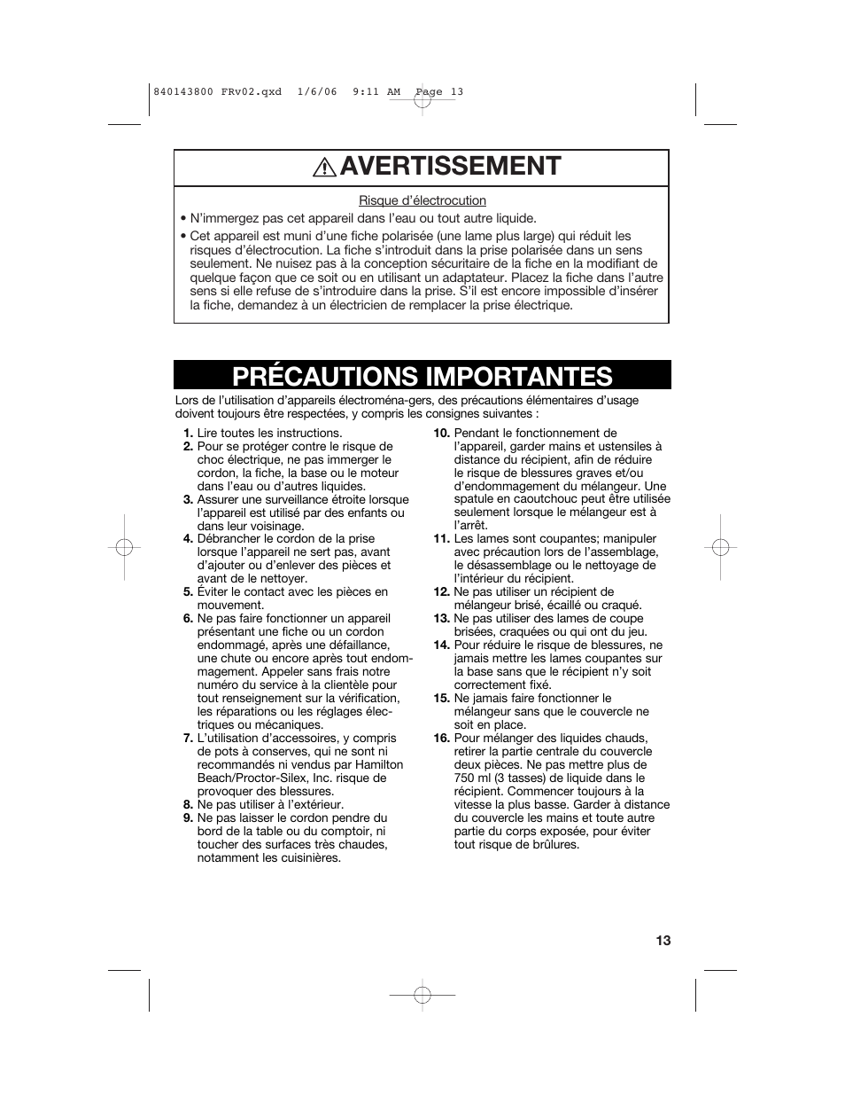 Avertissement précautions importantes | Hamilton Beach 840143800 User Manual | Page 13 / 36