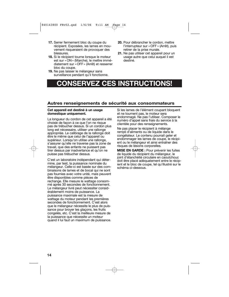 Conservez ces instructions | Hamilton Beach 840143800 User Manual | Page 14 / 36