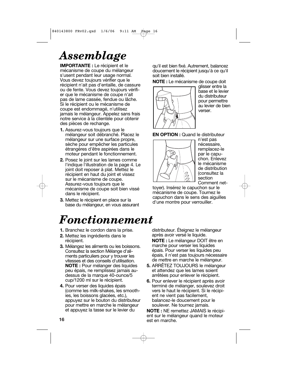 Assemblage, Fonctionnement | Hamilton Beach 840143800 User Manual | Page 16 / 36