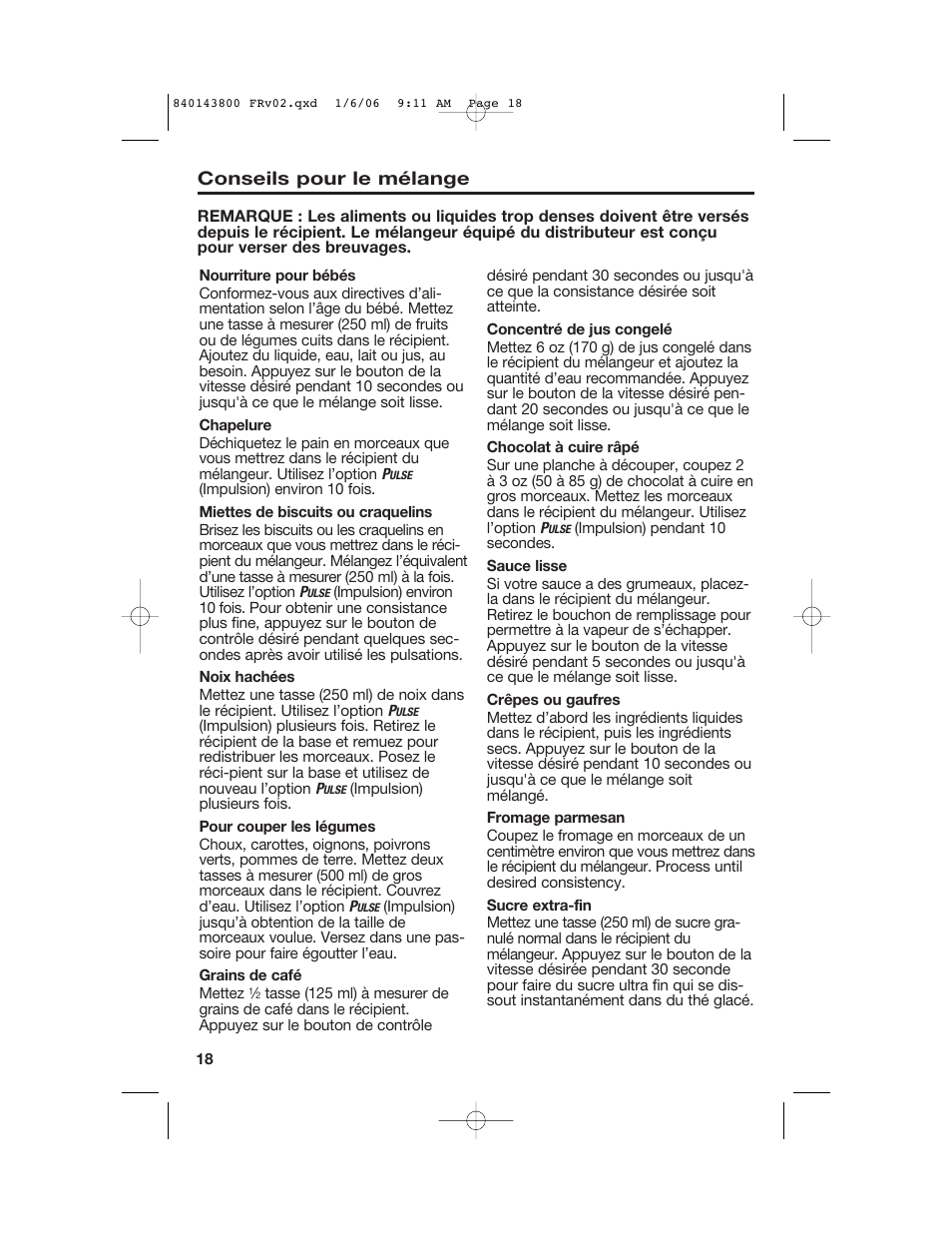 Conseils pour le mélange | Hamilton Beach 840143800 User Manual | Page 18 / 36