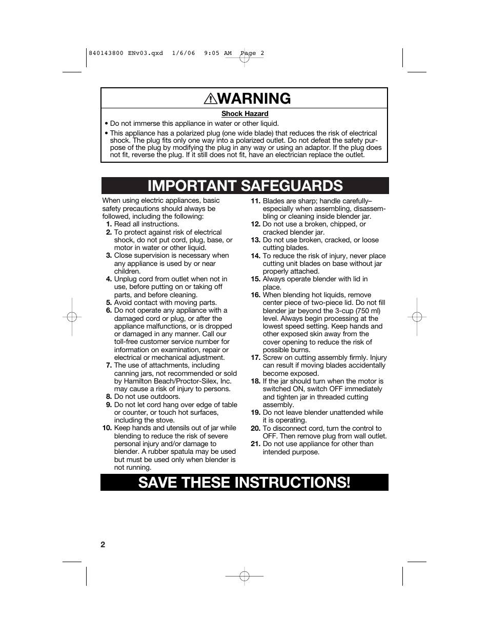 Important safeguards save these instructions, Warning | Hamilton Beach 840143800 User Manual | Page 2 / 36