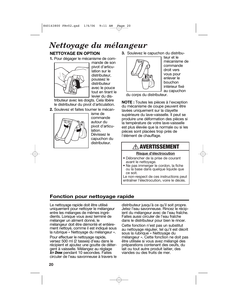 Nettoyage du mélangeur, Avertissement | Hamilton Beach 840143800 User Manual | Page 20 / 36