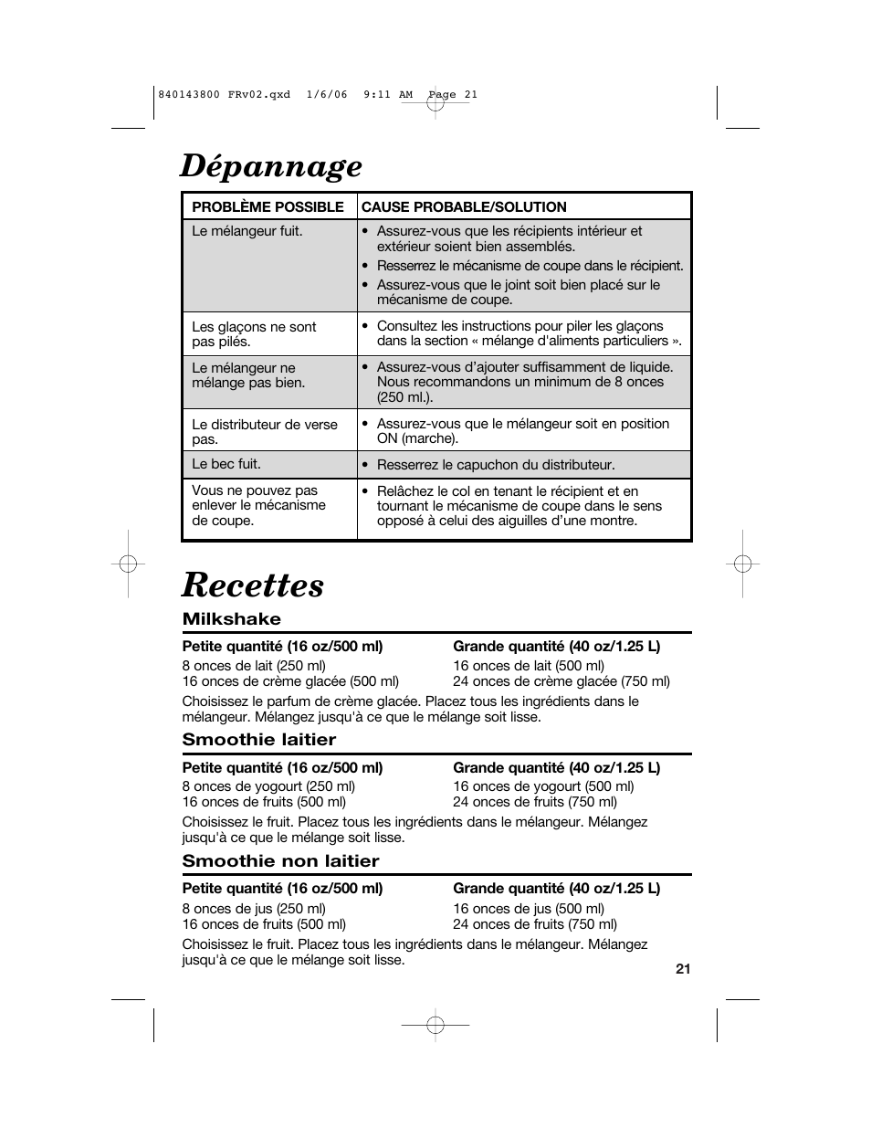 Recettes, Dépannage | Hamilton Beach 840143800 User Manual | Page 21 / 36