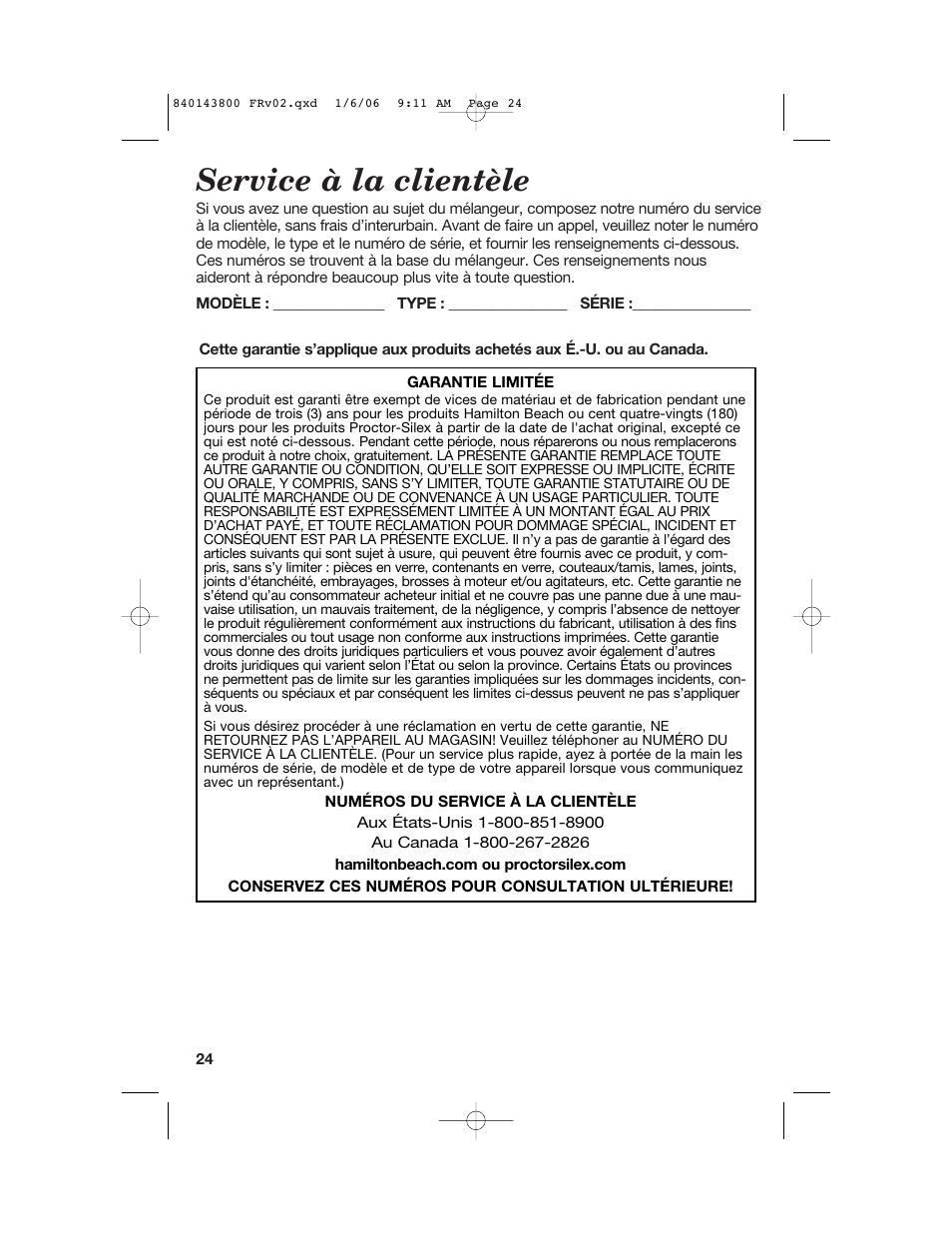 Service à la clientèle | Hamilton Beach 840143800 User Manual | Page 24 / 36