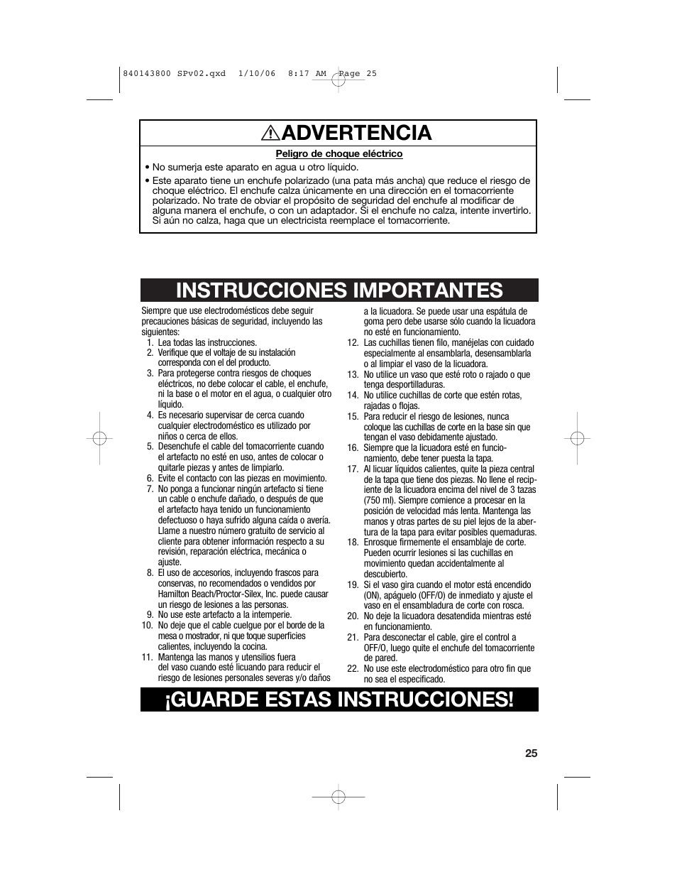 Advertencia | Hamilton Beach 840143800 User Manual | Page 25 / 36